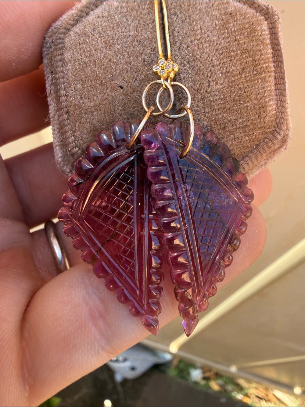 25.80ctw solid 14k gold genuine hand carved tourmaline/ diamond earrings - Picture 11 of 16